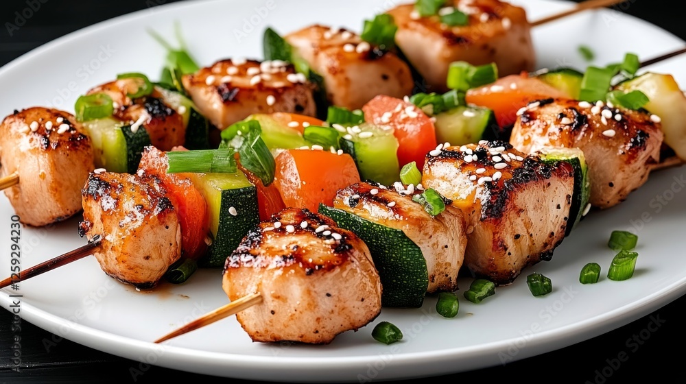 Grilled yakitori skewers with chicken and vegetables, garnished with sesame seeds and green onions, on a clean white plate, isolatedon white background
Grilled yakitori skewers with chicken and vegetables, garnished with sesame seeds and green onions, on a clean white plate, isolatedon white background