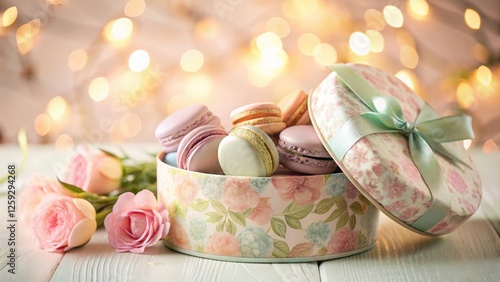 Delightful pastel macarons nestled in a floral gift box, adorned with a delicate ribbon, accompanied by a bouquet of soft pink roses, creating a scene of sweet elegance and romantic charm.