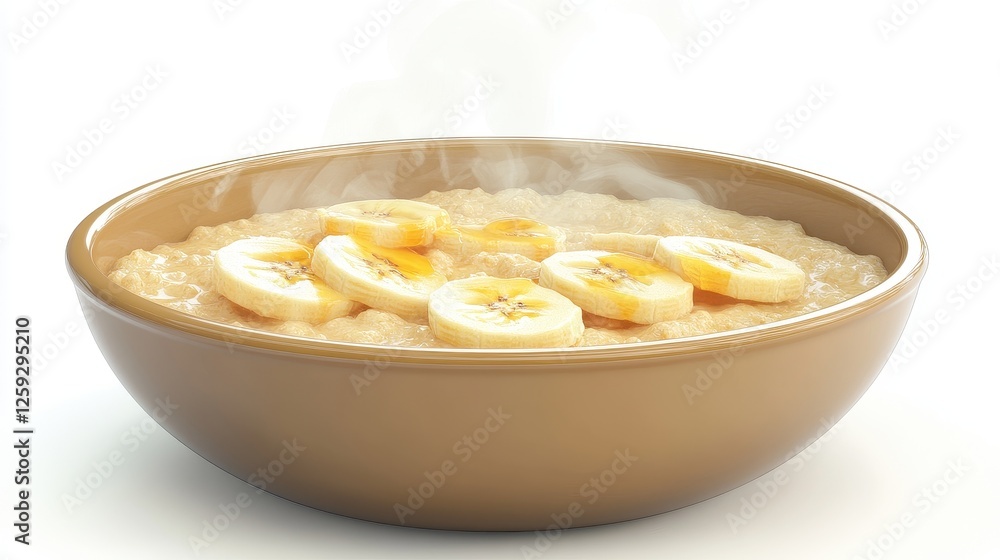 A bowl of steaming hot oatmeal, honey drizzle, banana slices, cozy atmosphere, soft light, 3D render, isolated on white background A bowl of steaming hot oatmeal, honey drizzle, banana slices, cozy atmosphere, soft light, 3D render, isolated on white background