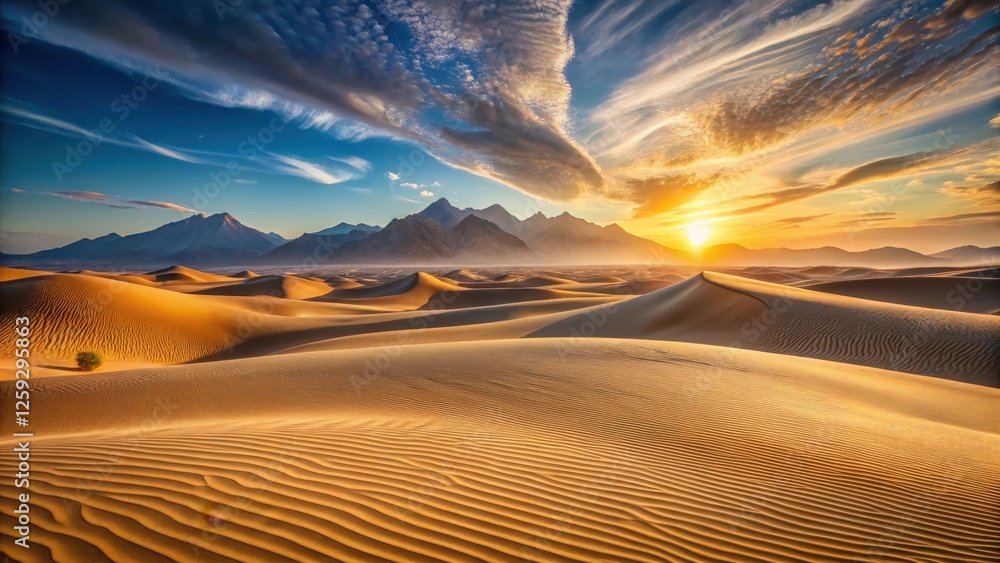 Naklejka premium Golden Hour Desert Landscape Sun Setting Behind Majestic Mountains and Rolling Sand Dunes