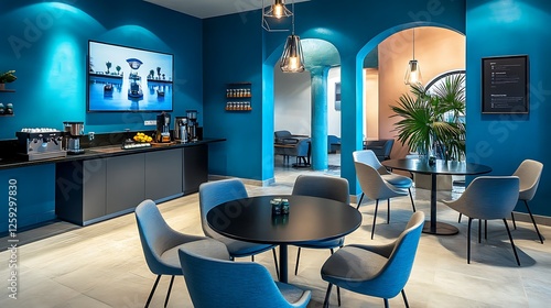 Modern Blue Office Lounge with Coffee Bar and Comfortable Seating photo