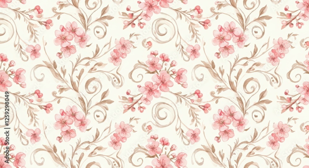 A seamless pattern of delicate cherry blossoms with elegant swirling branches. A seamless pattern of delicate cherry blossoms with elegant swirling branches.