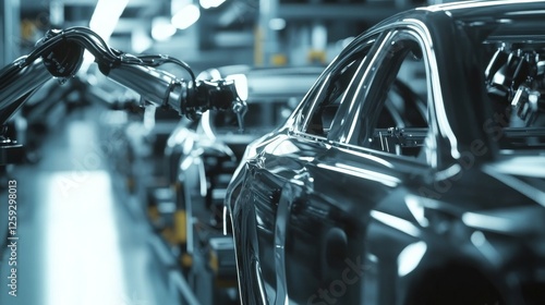 Automobile assembly line with robotic arms. Featuring car manufacturing. Highlighting automation and precision engineering. Ideal for automotive industry visuals.