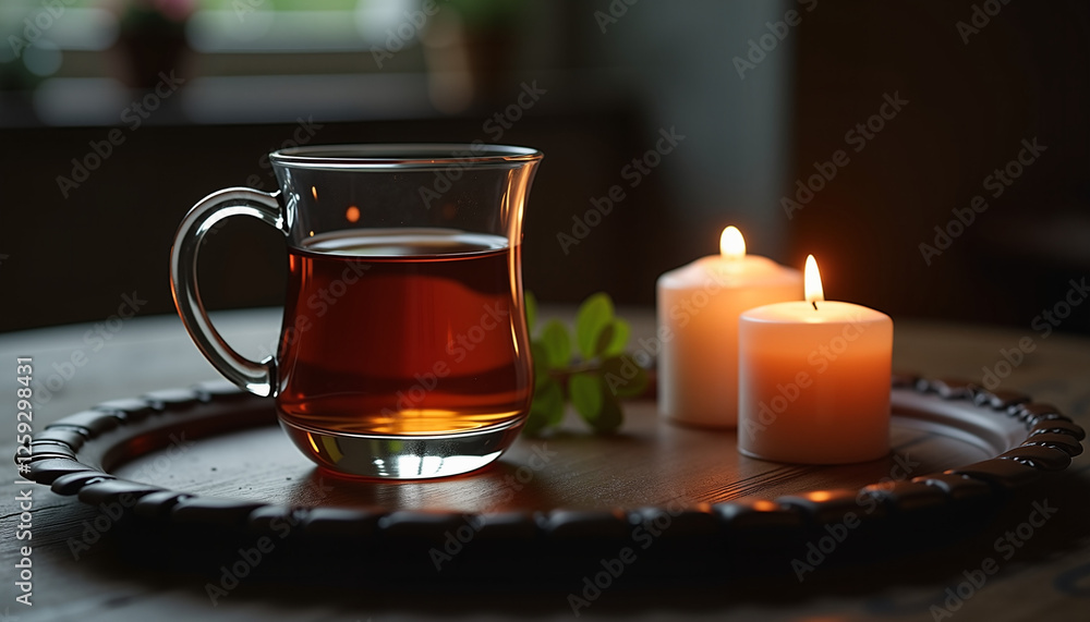 Traditional glass of tea with candles in a warm cozy setting Traditional glass of tea with candles in a warm cozy setting