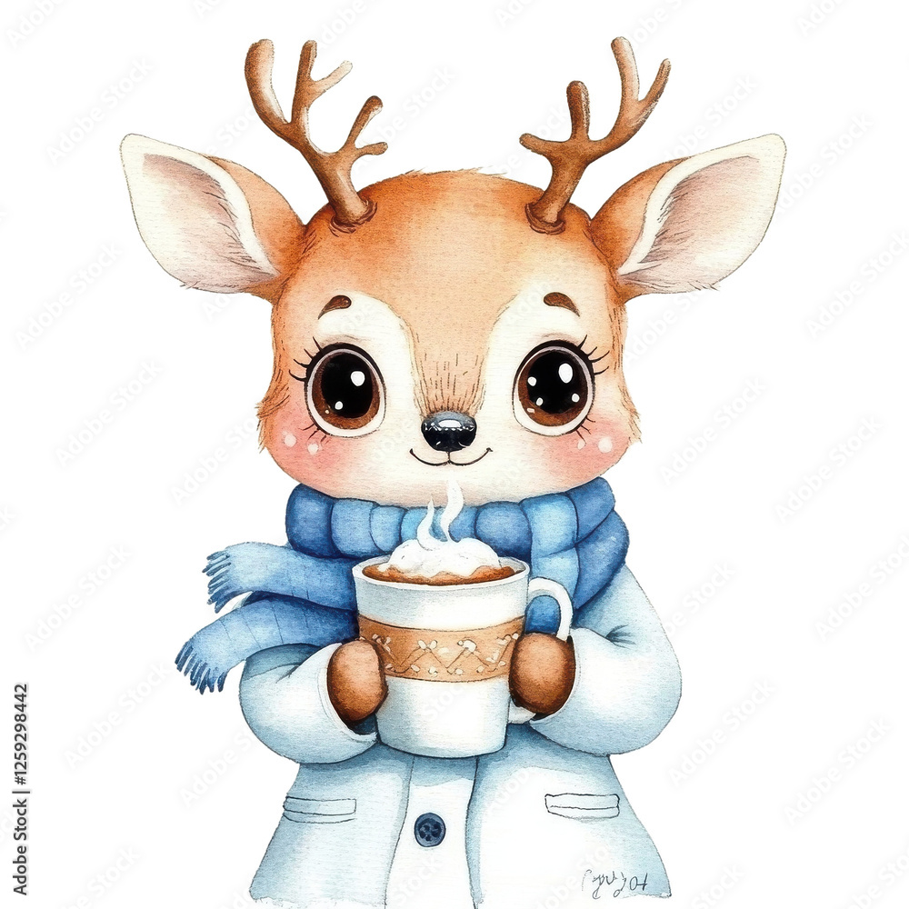 Fototapeta premium Cute Cartoon Deer Holding a Warm Cup of Cocoa in a Cozy Winter Scene