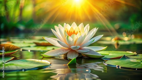 Serene Water Lily in Golden Sunlight, a Symbol of Purity and Tranquility on a Calm Pond Surface