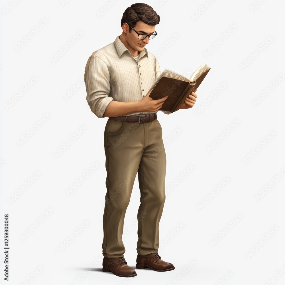 Man Reading Book Standing in Casual Attire with Glasses in Modern Studio Environment Man Reading Book Standing in Casual Attire with Glasses in Modern Studio Environment