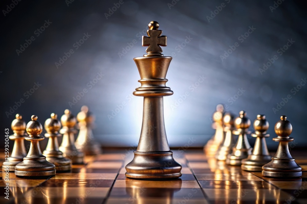 Golden Chess King Stands Tall, Surrounded by Pawns on a Polished Board, Symbolic of Leadership and Strategy Golden Chess King Stands Tall, Surrounded by Pawns on a Polished Board, Symbolic of Leadership and Strategy