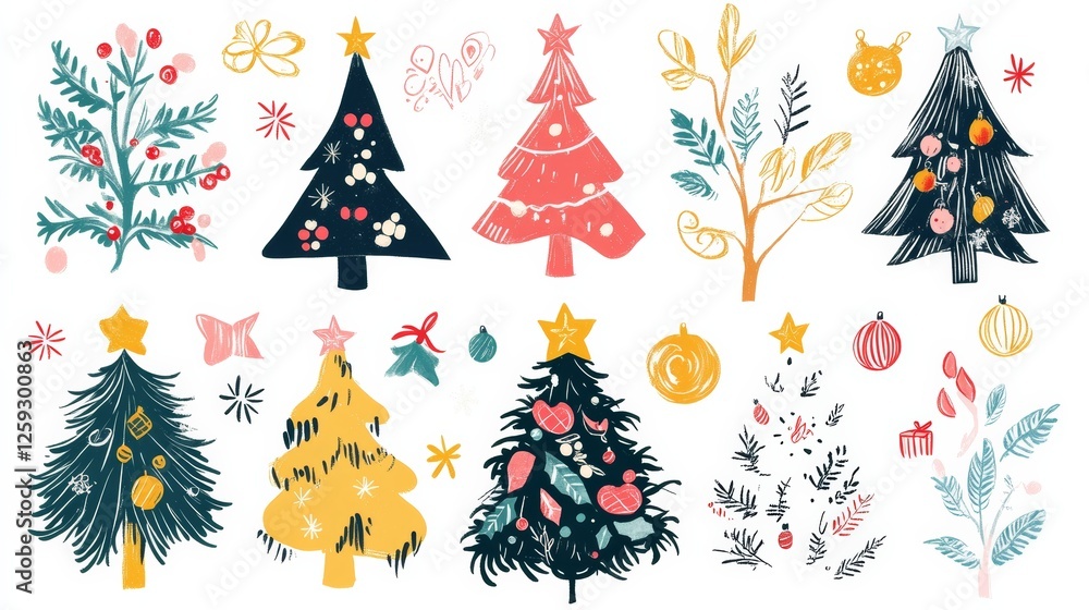 Hand-drawn Christmas tree illustrations with creative decorations. Featuring various artistic styles and playful elements. Highlighting festive spirit and creativity. Ideal for holiday designs. Hand-drawn Christmas tree illustrations with creative decorations. Featuring various artistic styles and playful elements. Highlighting festive spirit and creativity. Ideal for holiday designs.