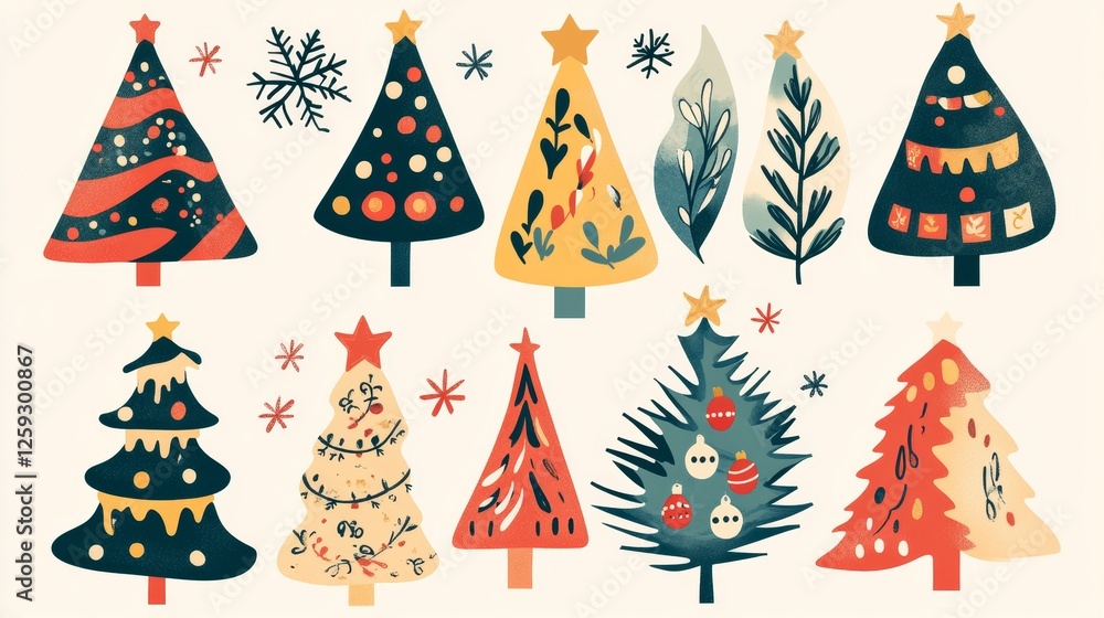 Hand-drawn Christmas tree illustrations with creative decorations. Featuring various artistic styles and playful elements. Highlighting festive spirit and creativity. Ideal for holiday designs. Hand-drawn Christmas tree illustrations with creative decorations. Featuring various artistic styles and playful elements. Highlighting festive spirit and creativity. Ideal for holiday designs.