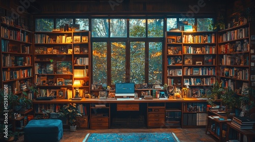 Cozy home office with wooden bookshelves, computer setup, and warm lighting amidst greenery