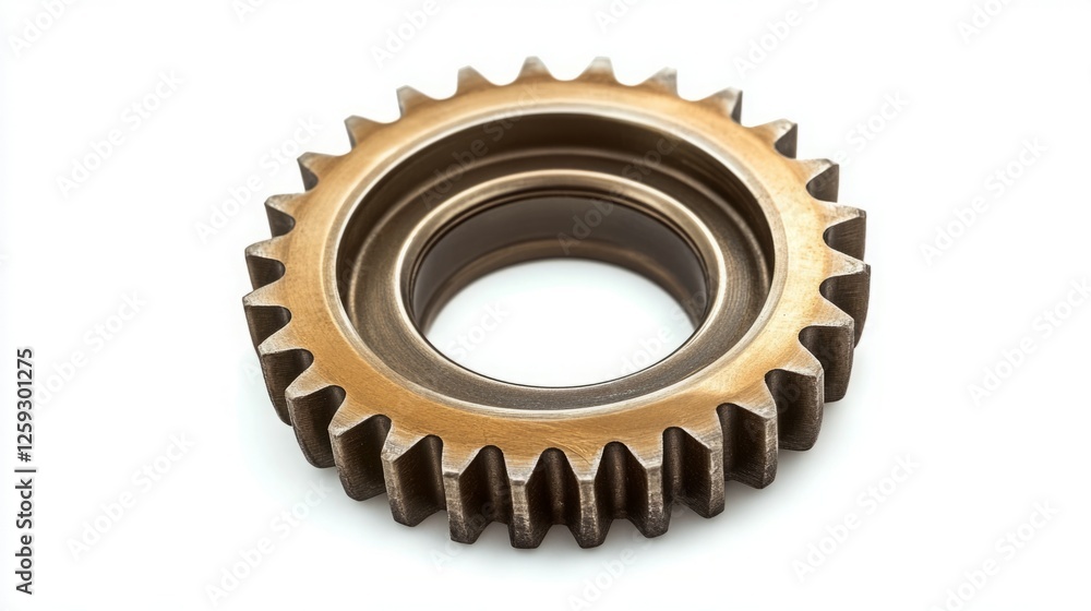 Close-up of a single metallic gear, showcasing intricate details and a warm gold tone against a stark white background. Close-up of a single metallic gear, showcasing intricate details and a warm gold tone against a stark white background.