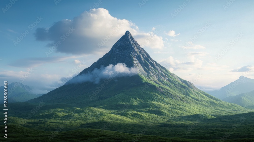 Majestic Mountain Peak Surrounded by Lush Green Landscape and Clouds Majestic Mountain Peak Surrounded by Lush Green Landscape and Clouds