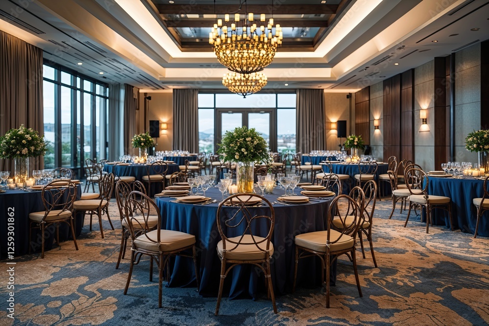 Fototapeta premium Unique Corporate Event Venue with Modern Table Arrangements and Sophisticated Ambiance