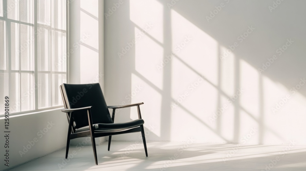 Dark chair in bright room. Minimalist interior design.