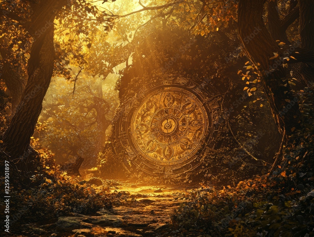 A mystical forest clearing, a colossal clock lying flat, golden light illuminating its intricate gears, faint symbols on its rim, vines partially covering it A mystical forest clearing, a colossal clock lying flat, golden light illuminating its intricate gears, faint symbols on its rim, vines partially covering it