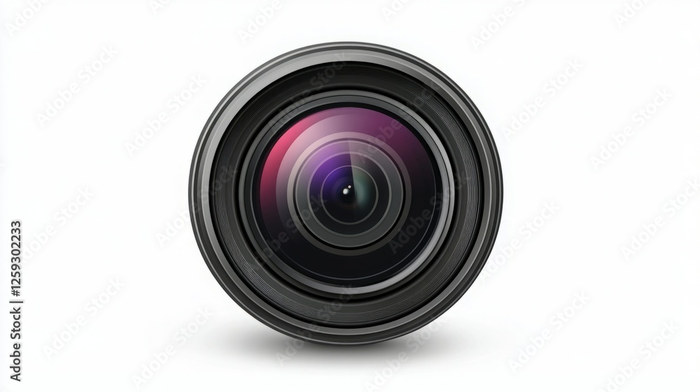 Close-up of a camera lens against a white background. The lens is black with a silver ring around it. Close-up of a camera lens against a white background. The lens is black with a silver ring around it.
