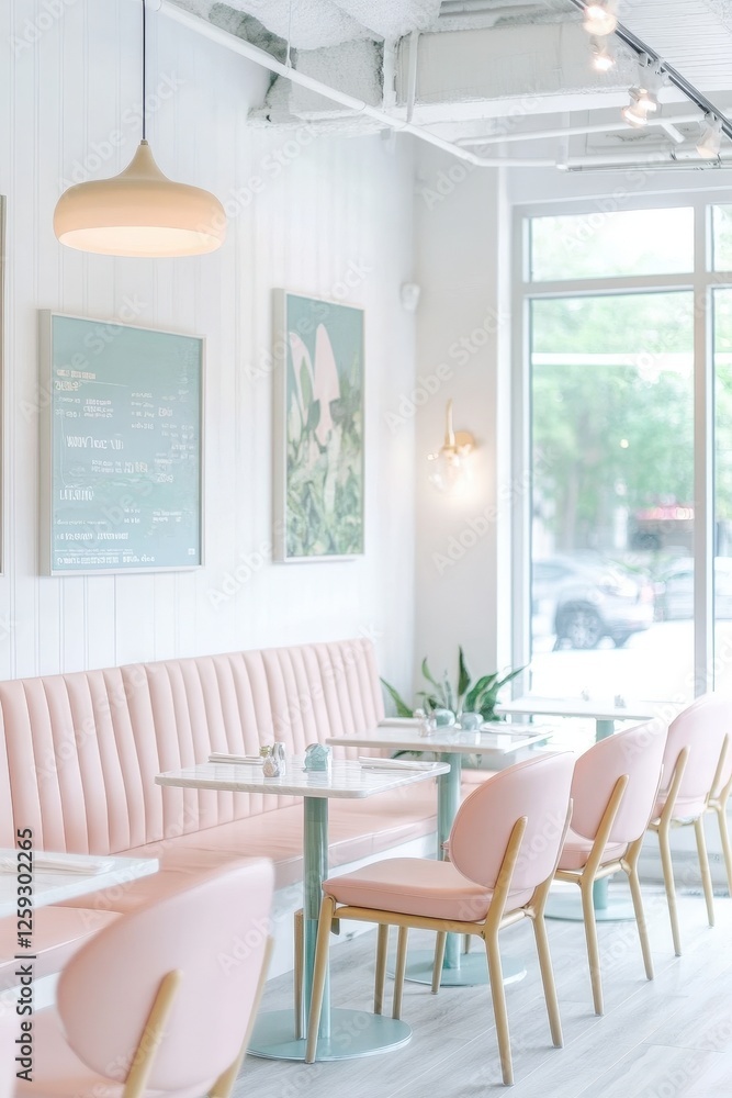 Bright and airy brunch spot with pastel colors and modern accents Bright and airy brunch spot with pastel colors and modern accents