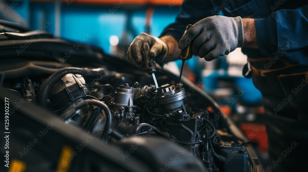 Automotive technician repairing a car engine in a garage. Wearing mechanic鈥檚 attire and using repair tools. Emphasizing repair techniques and garage environment. Ideal for automotive repair guides. Automotive technician repairing a car engine in a garage. Wearing mechanic鈥檚 attire and using repair tools. Emphasizing repair techniques and garage environment. Ideal for automotive repair guides.