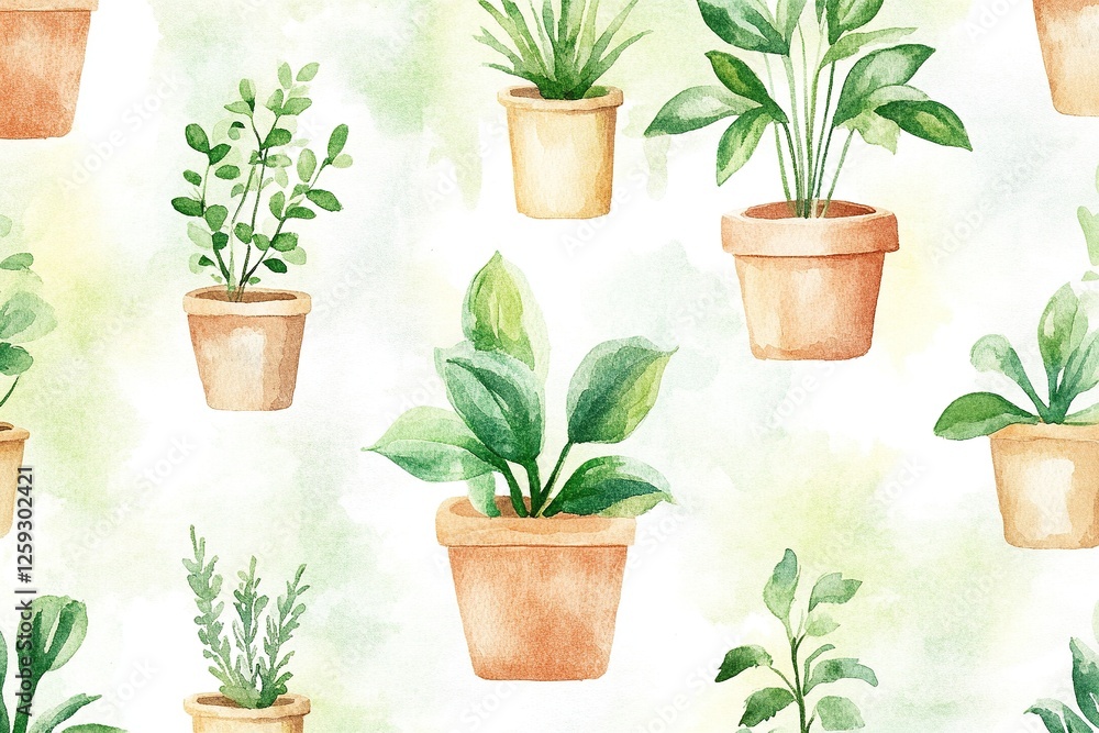 Fototapeta premium Watercolor Potted Plants Seamless Pattern Green Houseplants