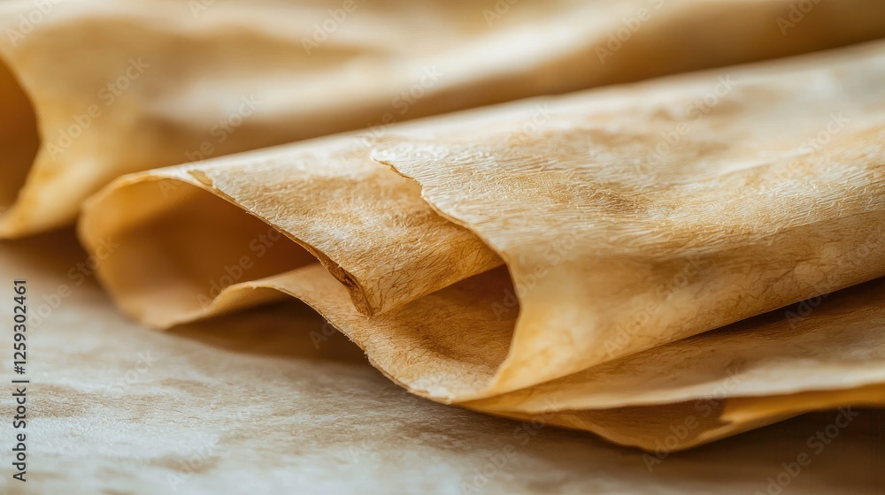 Close-up of delicate, crinkled parchment paper layered on a smooth surface, ideal for culinary use Close-up of delicate, crinkled parchment paper layered on a smooth surface, ideal for culinary use
