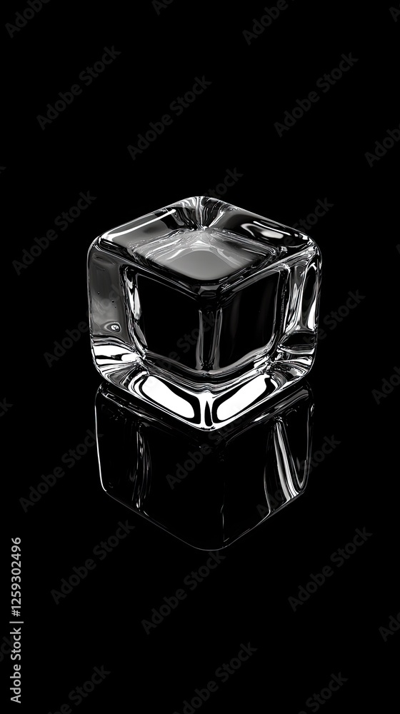 Crystal-clear ice cube with reflections on a black surface, perfect for beverage presentations Crystal-clear ice cube with reflections on a black surface, perfect for beverage presentations
