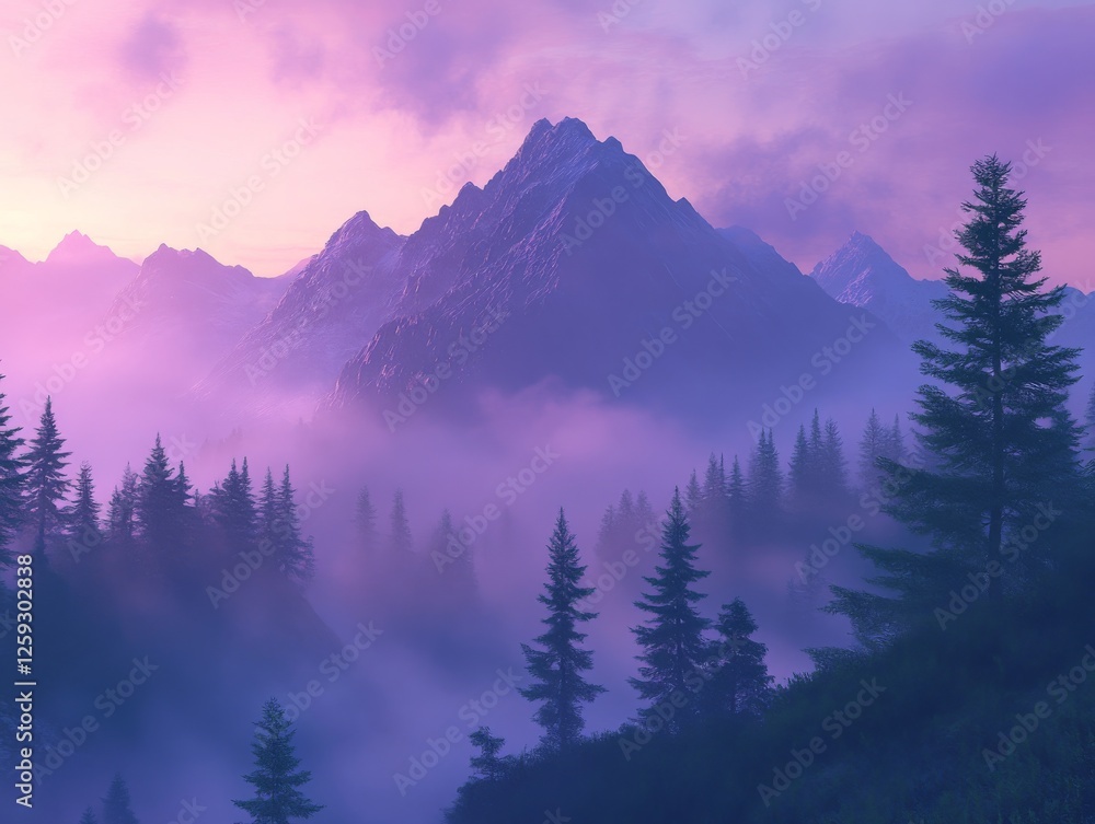 Mystical Mountainscape: A Serene Vista of Forested Peaks Enshrouded in Twilight Hues, Bathed in Soft Pink Light and a Delicate, Ethereal Fog. Mystical Mountainscape: A Serene Vista of Forested Peaks Enshrouded in Twilight Hues, Bathed in Soft Pink Light and a Delicate, Ethereal Fog.