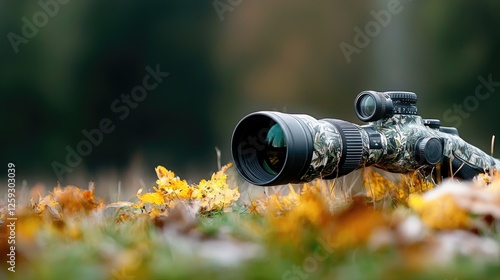 Wallpaper Mural Camo scope rests on autumn leaves, forest background. Hunting, nature imagery Torontodigital.ca