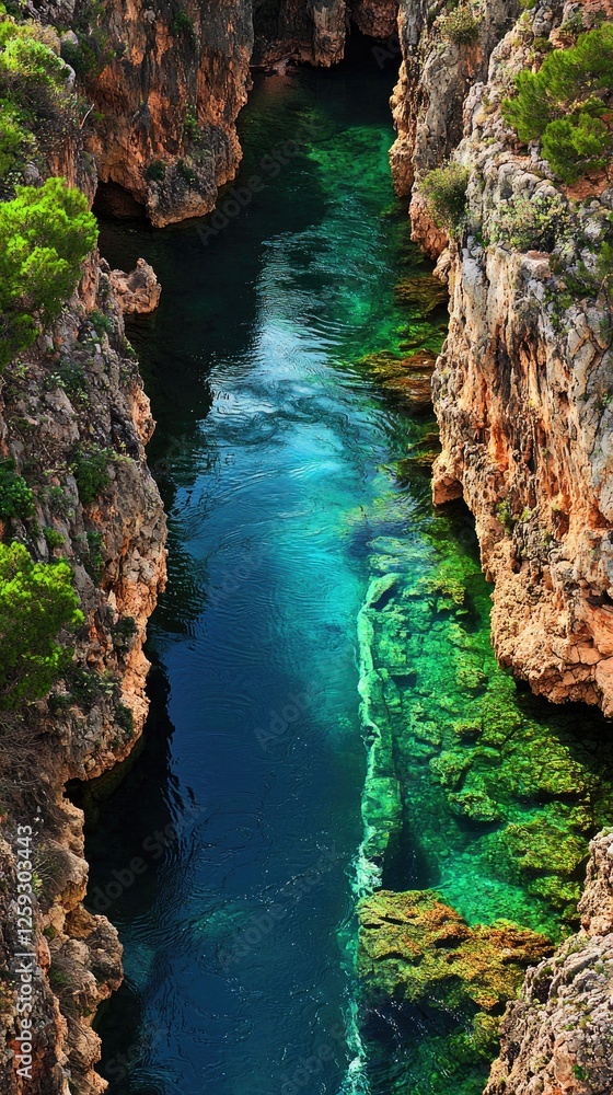 Serene turquoise waters flowing through rocky cliffs with lush greenery along the edges