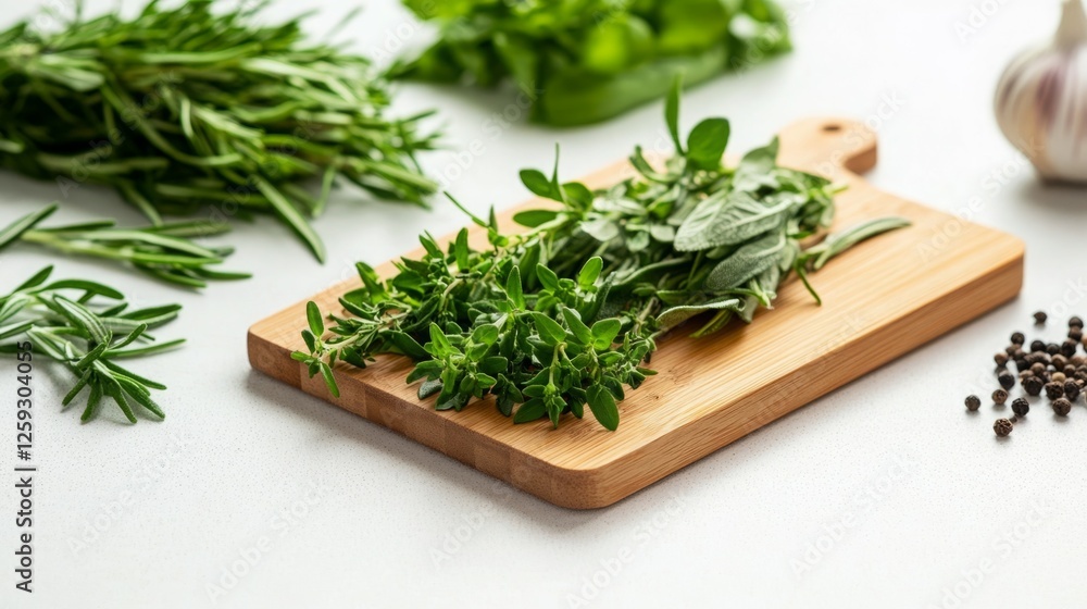 Fresh herbs on a wooden board. Rosemary, thyme, and sage ready for cooking. Fresh herbs on a wooden board. Rosemary, thyme, and sage ready for cooking.