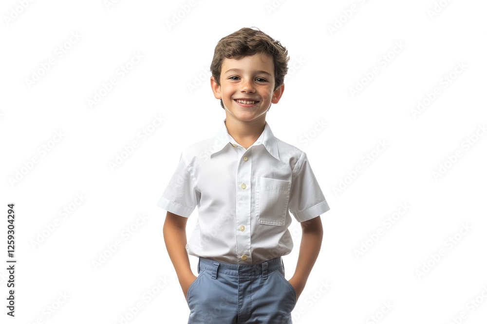 Smiling school boy in white shirt with hands in pockets isolated on white or transparent, PNG Smiling school boy in white shirt with hands in pockets isolated on white or transparent, PNG