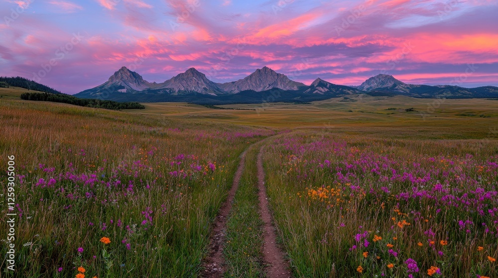 Sunrise over wildflowers, mountain range, rural landscape, scenic beauty, nature wallpaper Sunrise over wildflowers, mountain range, rural landscape, scenic beauty, nature wallpaper