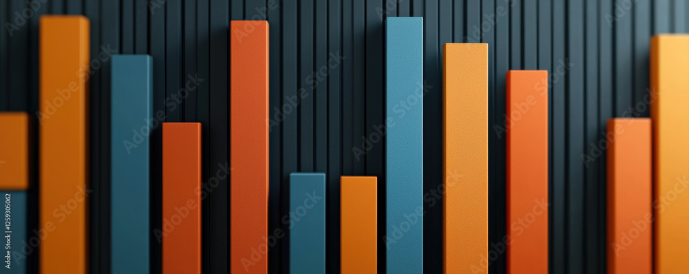 A vibrant bar chart displaying various heights in blue, orange, and teal against a striped dark background, illustrating data comparison. A vibrant bar chart displaying various heights in blue, orange, and teal against a striped dark background, illustrating data comparison.