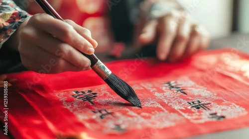 Traditional Brush Painting Practice on Red Silk Fabric Table