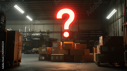 Glowing Red Question Mark in Dark Warehouse with Cardboard Boxes photo