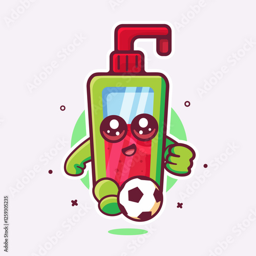 cheerful hand sanitizer bottle character mascot playing football isolated cartoon