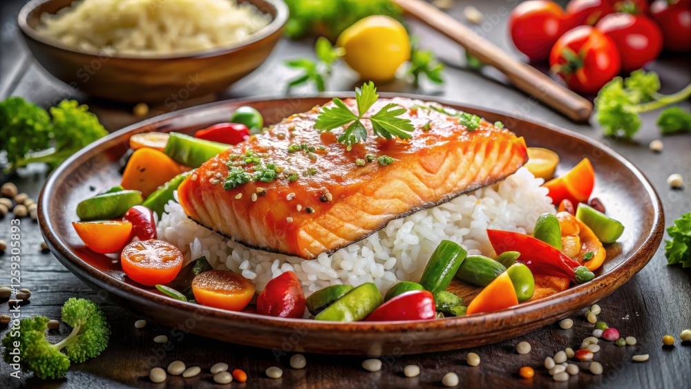 Delicious Glazed Salmon Fillet Served on a Bed of Fluffy Rice with a Colorful Medley of Steamed Vegetables Delicious Glazed Salmon Fillet Served on a Bed of Fluffy Rice with a Colorful Medley of Steamed Vegetables