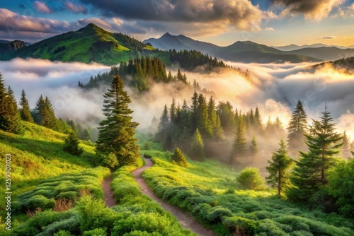 Serene mountain path winding through sunlit meadows and misty evergreen forests, a picturesque landscape bathed in the golden hues of dawn