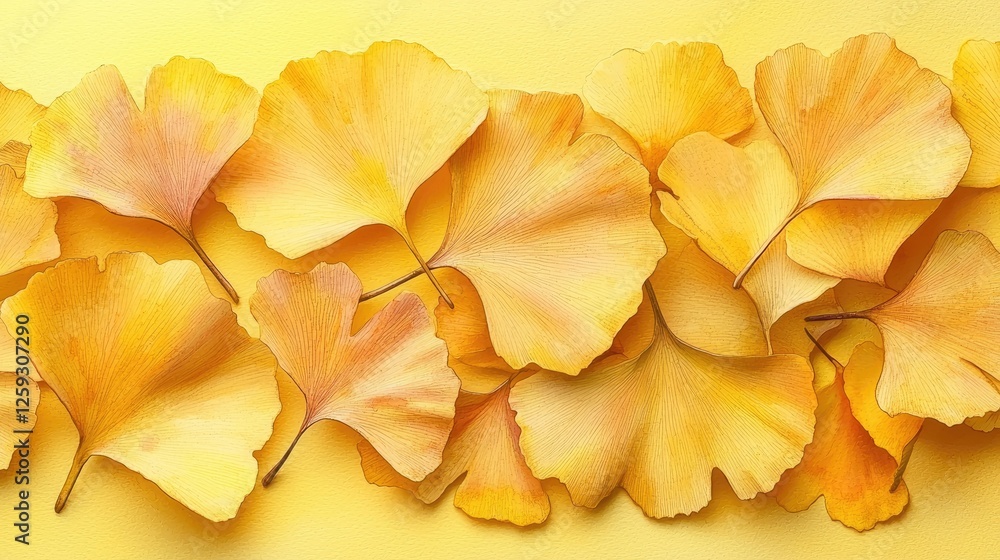 A vibrant collection of yellow ginkgo leaves arranged artistically on a soft yellow background A vibrant collection of yellow ginkgo leaves arranged artistically on a soft yellow background