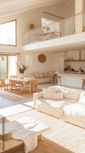 Bright open-plan loft interior in a small house, minimalist aesthetic, clean lines, beige tones, natural fabrics, and glowing evening light