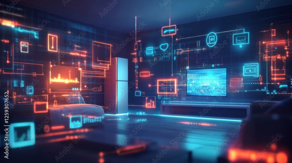 Futuristic Living Room with Digital Interfaces and Neon Lights Futuristic Living Room with Digital Interfaces and Neon Lights