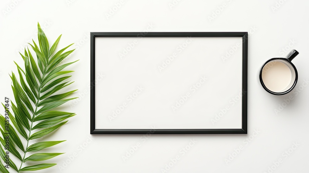 Blank picture frame on white background with a cup of coffee and green leaf nearby Blank picture frame on white background with a cup of coffee and green leaf nearby