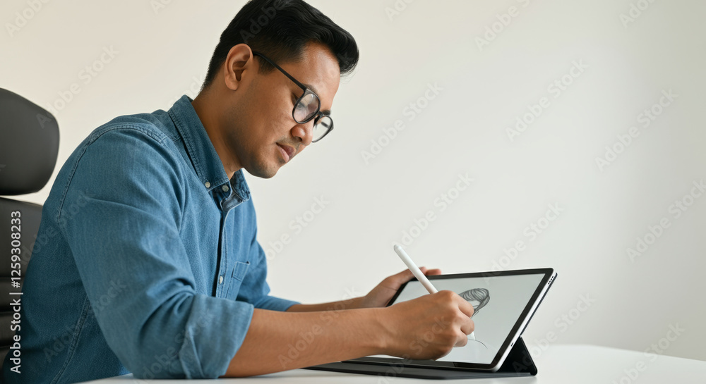 A man wearing glasses is drawing on a tablet A man wearing glasses is drawing on a tablet