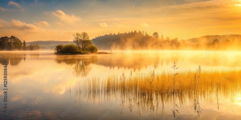 Golden Hour Serenity Misty Lake at Sunrise with Silhouetted Trees and Reeds Reflecting in Calm Waters Golden Hour Serenity Misty Lake at Sunrise with Silhouetted Trees and Reeds Reflecting in Calm Waters