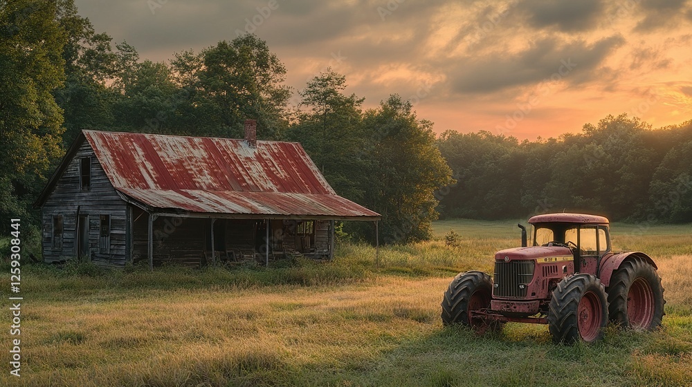Fototapeta premium Rustic Farmhouse and Tractor at Sunrise