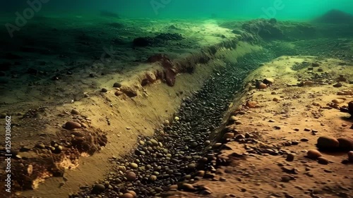 Soft underwater light revealing natural marine canal with textured seabed, illuminating scattered pebbles and sandy sediment through turquoise water depths