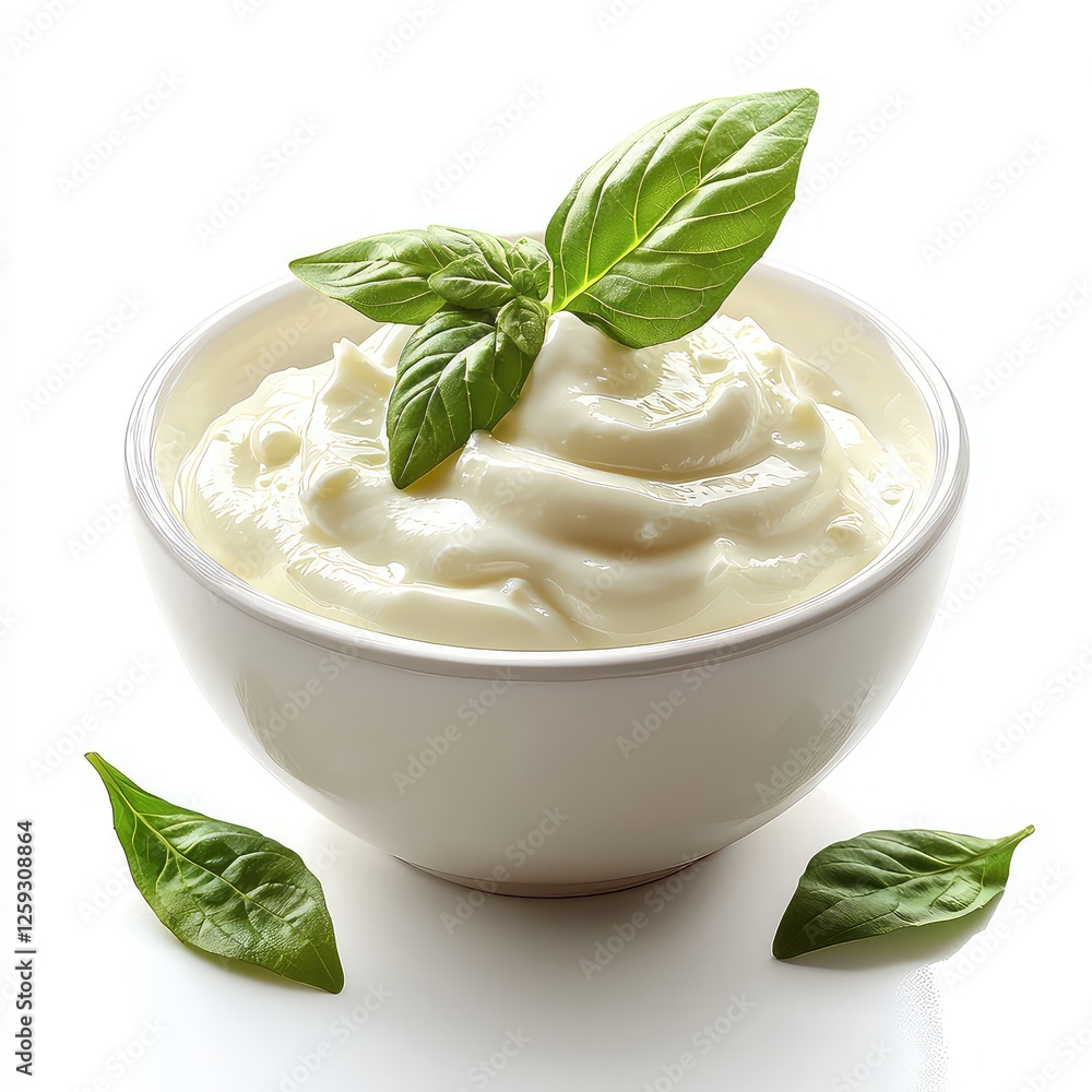 Creamy Delicacy: A Bowl of Fresh Yogurt with Basil Creamy Delicacy: A Bowl of Fresh Yogurt with Basil
