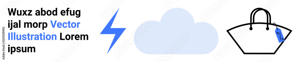 Blue lightning, cloud shape, and a tote bag with tag suggest energy, environment, and retail. Ideal for sustainability, weather, business, branding retail technology education flat landing page Blue lightning, cloud shape, and a tote bag with tag suggest energy, environment, and retail. Ideal for sustainability, weather, business, branding retail technology education flat landing page