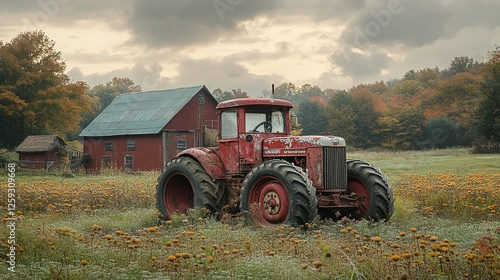 Rustic Red Tractor Rests in Autumnal Field Near Barn photo