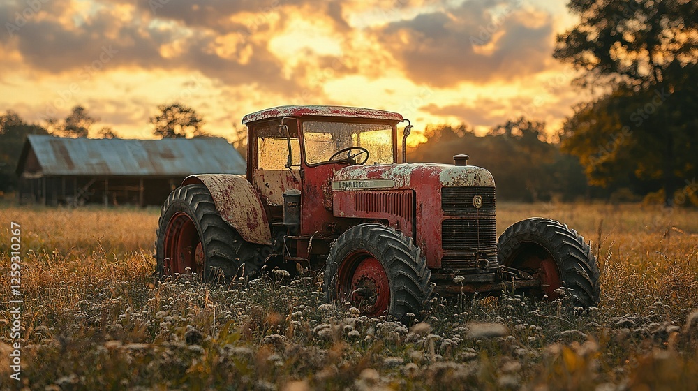 Fototapeta premium Rustic Farm Tractor at Golden Hour Sunset